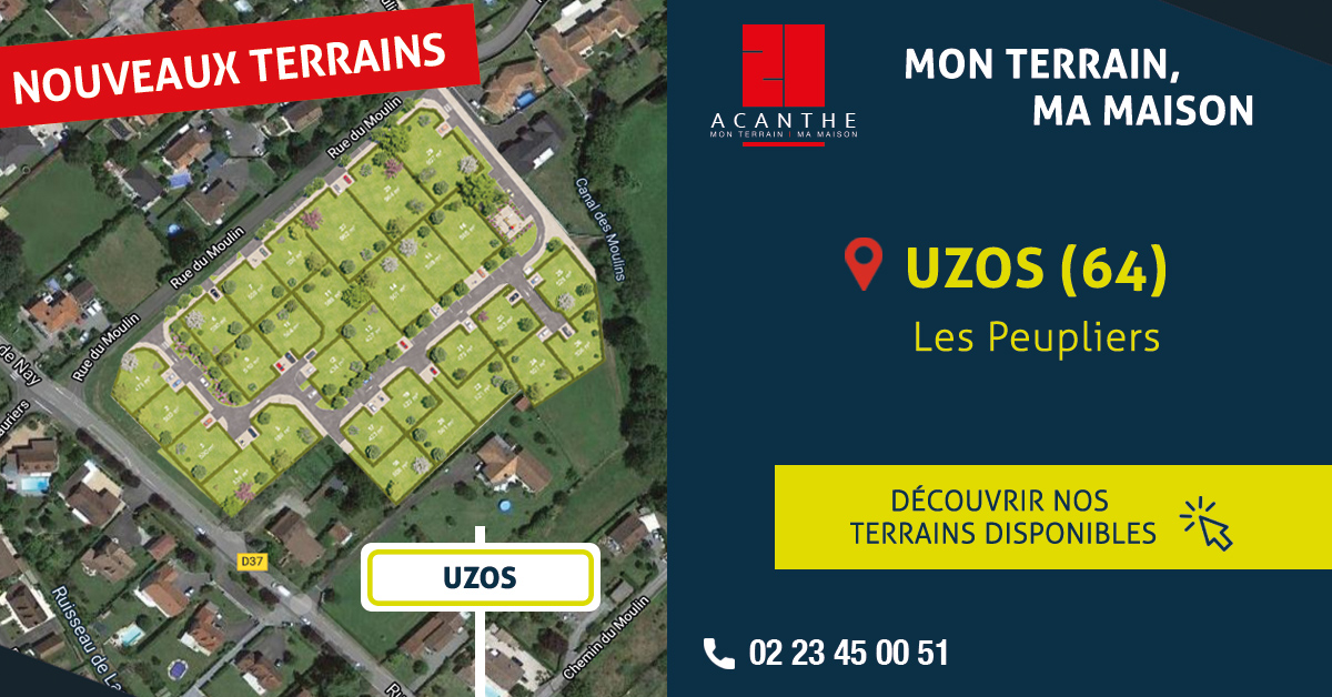 AcantheTerrains's tweet image. [Nouveaux Terrains] 📍 Uzos (64) - Nous lançons la commercialisation de terrains à bâtir à #Uzos. Découvrez sur notre site internet nos terrains viabilisés et libres de constructeur 🏠🔎

➡️ ow.ly/PoU250ClrgP

N’hésitez pas à nous contacter ⤵️ #MonTerrainMaMaison