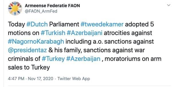 atatoyan's tweet photo. The Dutch Parliament adopted 5 motions on individual sanctions against Ilham Aliyev, Mehriban Aliyeva, Recep Tayyip Erdoğan &amp; others for #WarCrimes &amp; atrocities against #Artsakh and more!Reported Ambassador of Armenia to the Netherlands H.E. Excellency Tigran Balayan @tbalayan https://t.co/PQIeGs4NGx