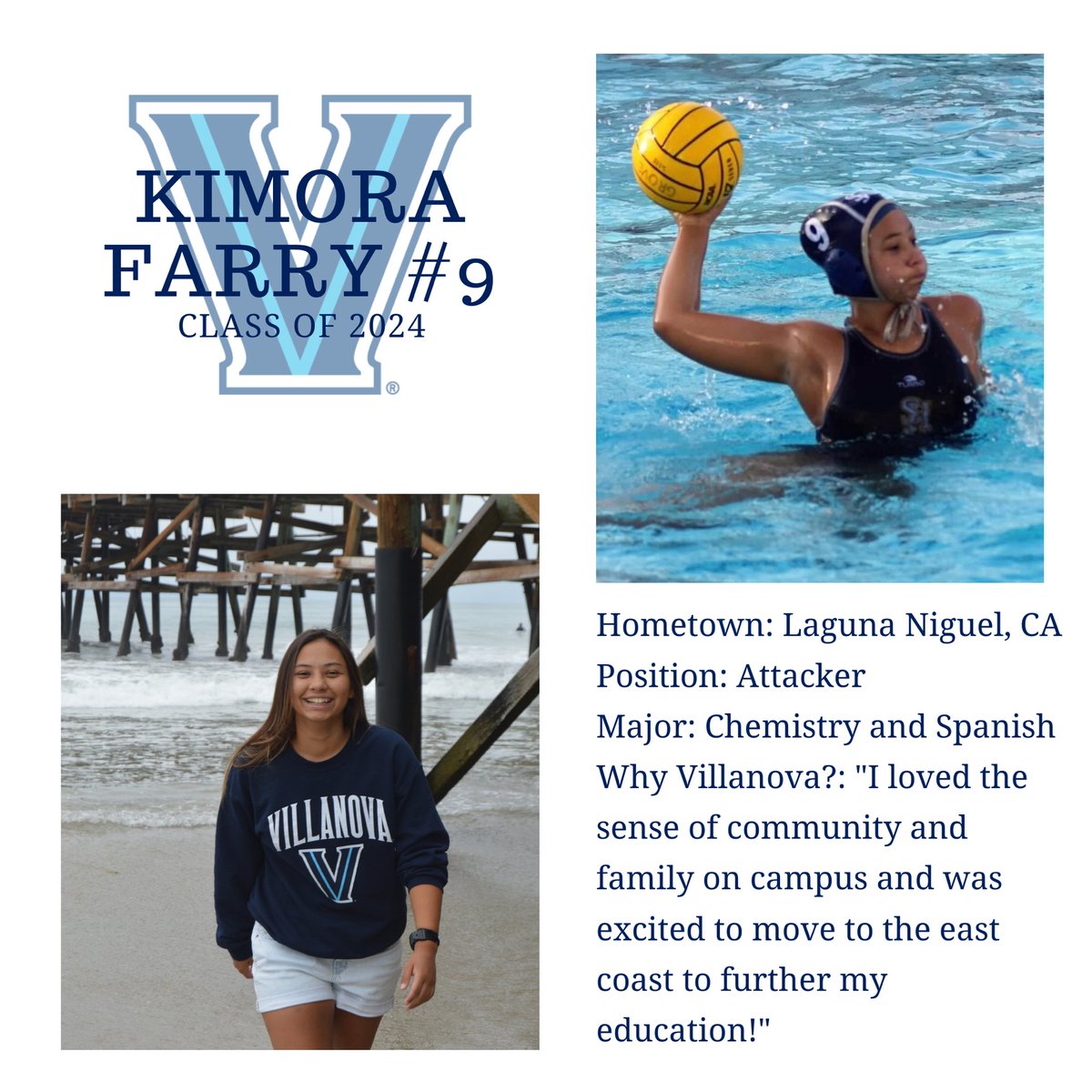 Nova_WaterPolo's tweet photo. Wrapping up our fantastic freshman class and ‘21 team, let’s meet😁💙:
✰ Kimora Farry #9 

#VUWP #GoNova https://t.co/Owp4xxtcIH