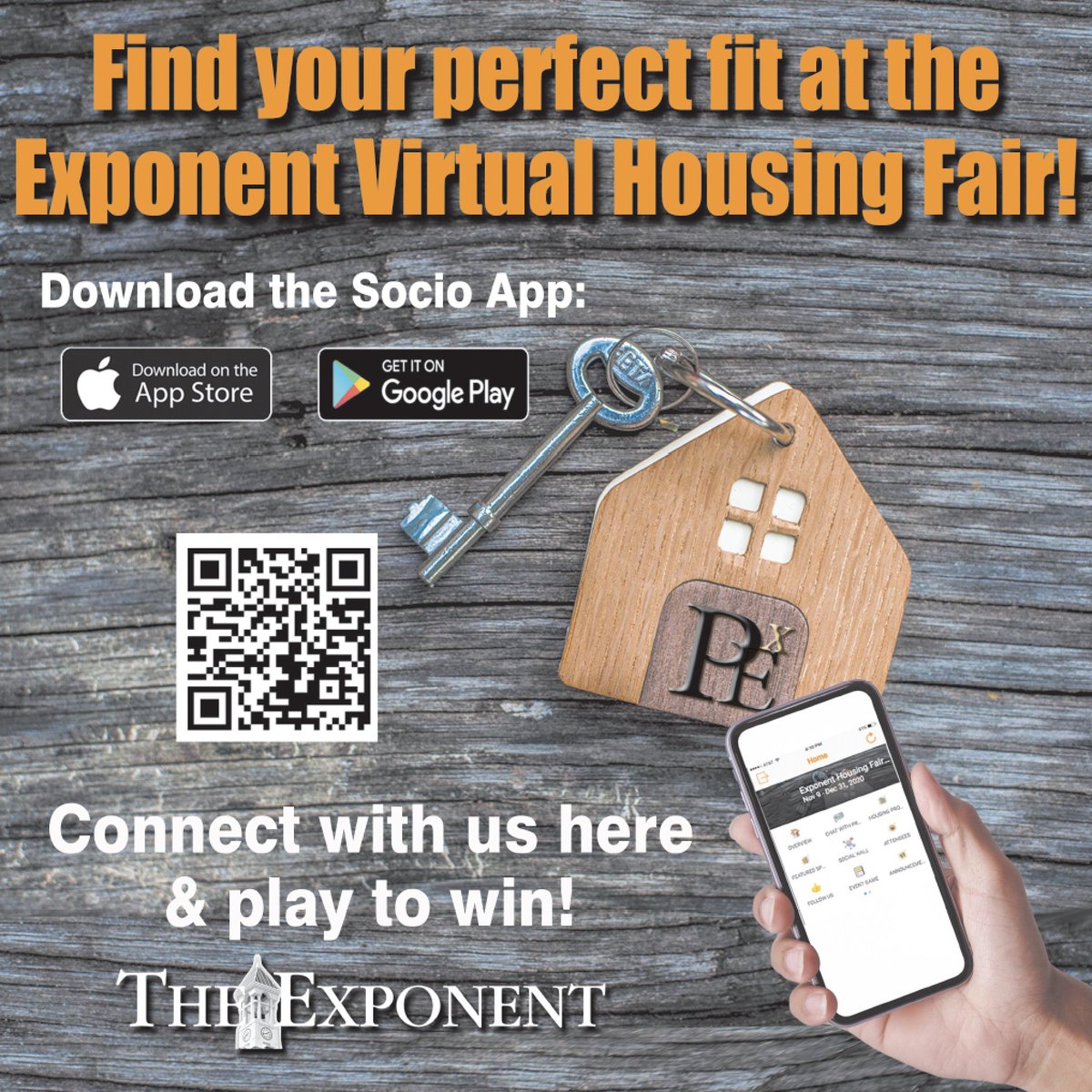 The Purdue Exponent Virtual Housing Fair is happening until Dec. 31!
Download the Socio app by scanning the QR code, and find your perfect home for 2021. Brought to you by The Exponent Booster Club. <a href="/purdueexponent/">Purdue Exponent</a>