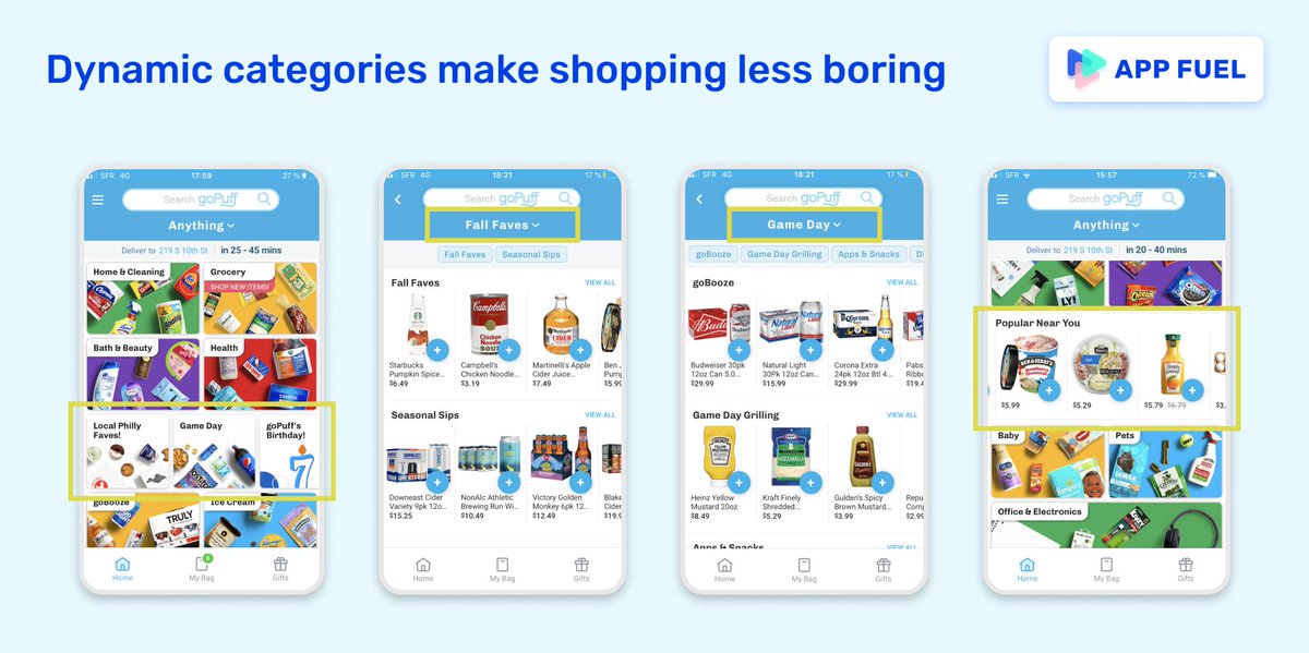 3)  Dynamic categories. Pop-up categories displayed on the home page, depending on time/season (Fall Faves), location (Local Philly Faves) or special events (Game Day).