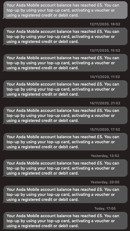 liam_bowers's tweet photo. @asda_mobile is there a way to stop these reminders? Letting me know once is fine, once a day for all of eternity is less so. https://t.co/6OoPC9BBBh