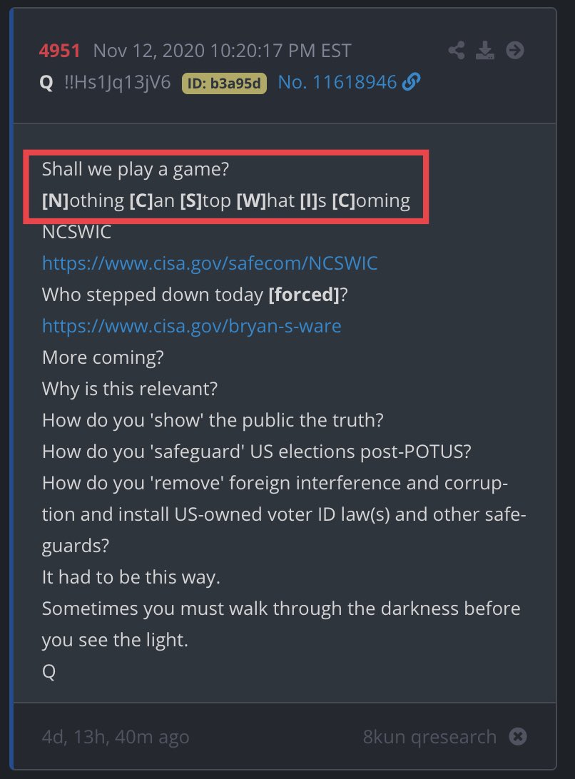 Suddenly, after we danced on E’s grave, Q came back from being archived with three of the dumbest drops of all time.One said “Durham.” Here are the other two. Please note “[N]othing [C]an [S]top [W]hat [I]s [C]oming” 