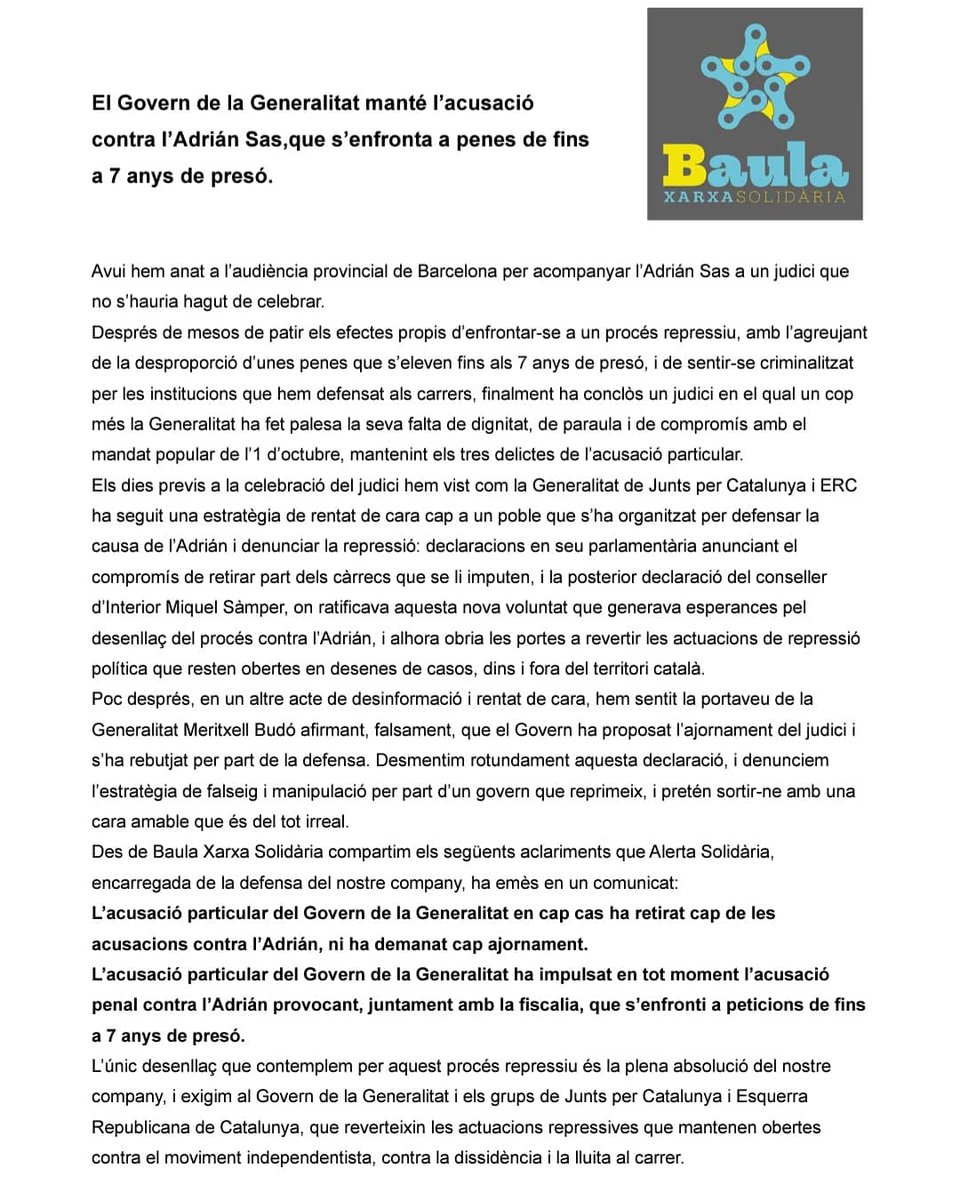 BaulaSolidaria's tweet image. "Avui hem anat a l’Audiència Provincial de Barcelona per acompanyar l’Adrián Sas a un judici que no s’hauria hagut de celebrar"
Comunicat que @BaulaSolidaria ha emès arran del judici de @sasabsolucio celebrat avui en el que la @gencat ha mantingut l'acusació i els 7 anys de presó