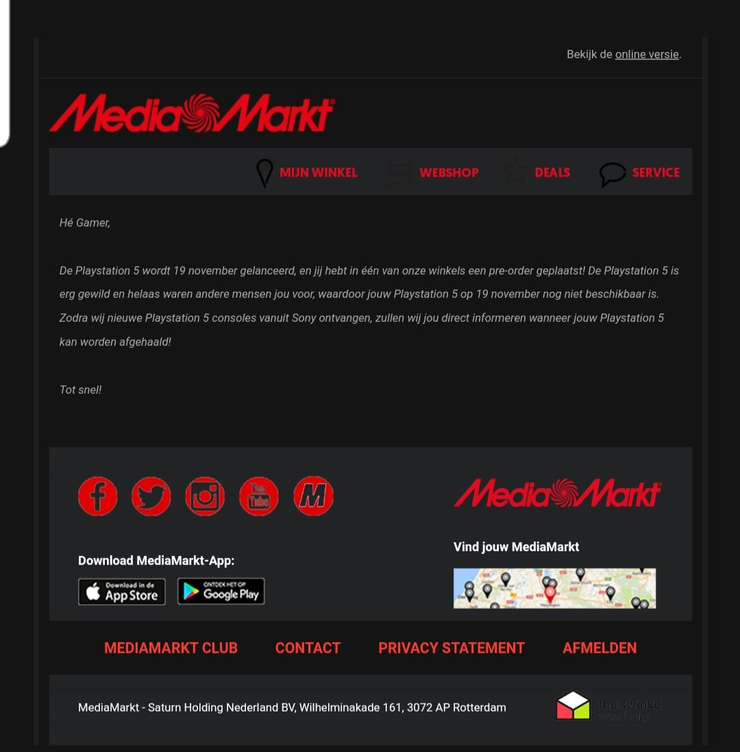 Heb net deze email gekregen maar het is best wel vaag. Ik heb namelijk bij 2 filialen een pre order voor 4 consoles in totaal. Dus het kan zijn dat ik bij een filiaal wegval of dat ik alleen voor de digital edition wegval. <a href="/mediamarkt_nl/">MediaMarkt NL</a>