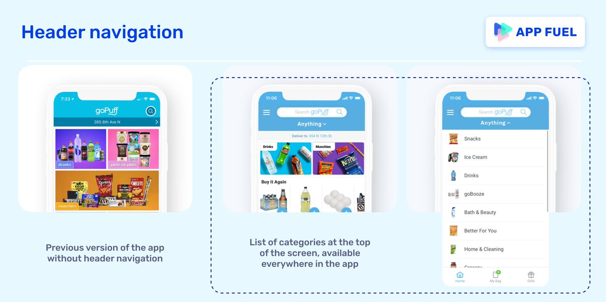 6)  Unconventional yet efficient decision for the header. goPuff introduced a dropdown list in the header to go from category to category. Not so common, but turned out to be the most efficient nav after iterations. It improves product discovery and reduces check out time.