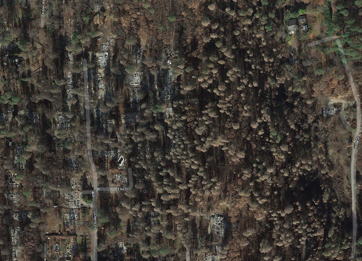 Embers started thousands of fires. These ignited some houses. Adjacent homes caught from the radiant heat. Paradise burned in a cascade of house fires. The next bad fire in Paradise will also be spread by embers. Structures are fuel.  #urbandesign matters. 2/