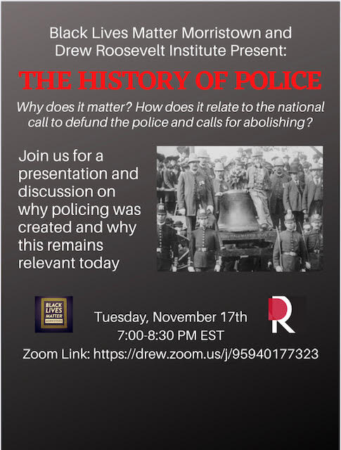 Tonight at 7pm for part 1 of a three-part series. We have partnered with Drew Roosevelt Institute to present a presentation of History of Police. We all have questions and the capacity to learn more about this country and its history of slavery and police. #DefundThePolice