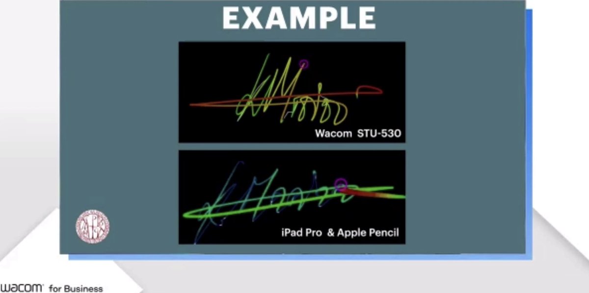 ndurner's tweet photo. Handwritten signature verification across different capture devices presented by @Chartoularios at #ConnectedInk2020 using @NamirialGroup #Forensic tool. „Namirial is a pioneer in normalization“. #Biometrics #ESignature #biometricsignature #digitallycapturedsignature #dcs https://t.co/sA7AMEFVxO