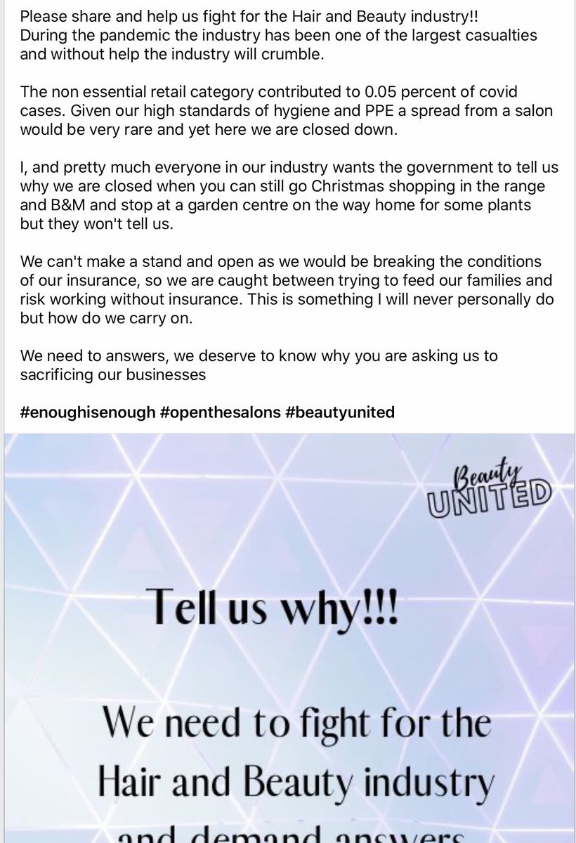 SirensDurham's tweet photo. Why are you doing this to our industry?@BorisJohnson @NicolaSturgeon  #beautyissafe #beautyunited #EnoughIsEnough https://t.co/A9GfMGktdO