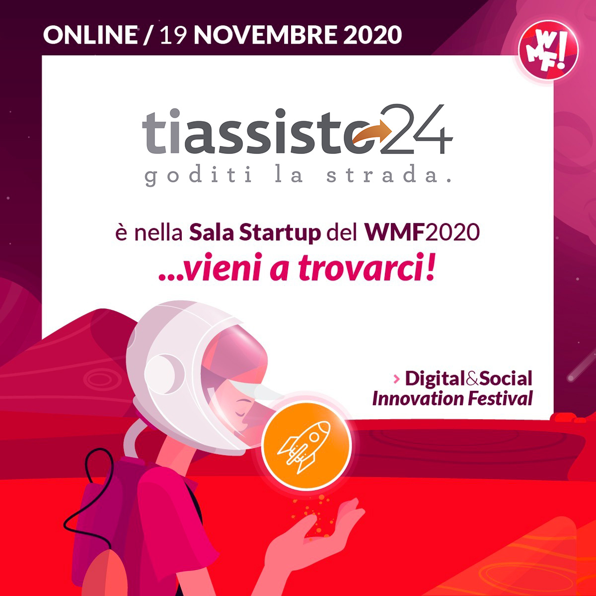 tiassisto24's tweet photo. 🎯 Siamo orgogliosi di annunciarvi che saremo tra le #StartUp selezionate per partecipare alla competizione organizzata dal WEB MARKETING FESTIVAL 2020, che si terrà online come l'intero evento, causa emergenza #Covid_19 
#webmarketingfestival #WMF2020 #wemakefuture 
@ilfestival https://t.co/Xb6reyAdnD