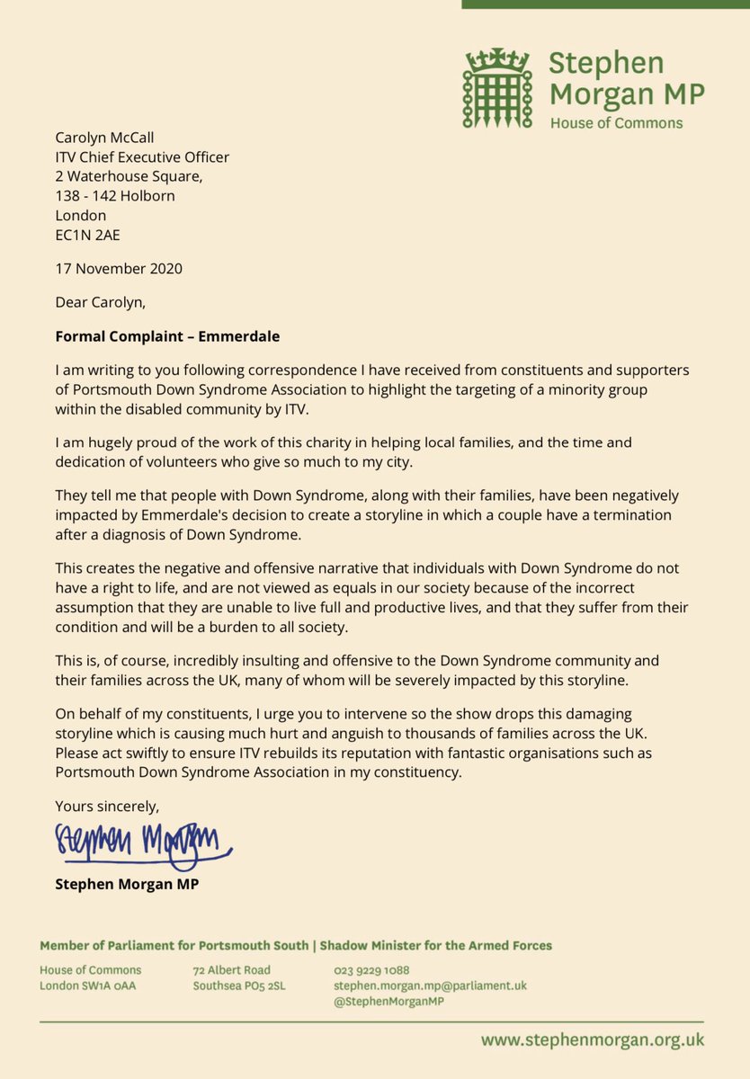 I’m troubled by the upset and distress @emmerdale’s storyline is causing constituents and the fantastic @PortsmouthDSA. Today I’ve written to @ITV to ask their CEO to intervene