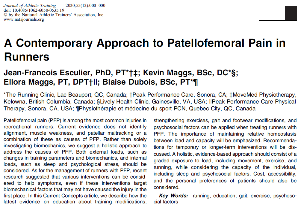 JFEsculier's tweet photo. NEW paper from our group @ClinicRunning with @blaisedubois @RunningReform @continuumsonora Clinicians: read this for evidence/ideas on treating the PERSON who happens to be a runner with patellofemoral pain (consider cost/accessibility of interventions)🏃‍♀️🏃🏾‍♂️https://t.co/Y8pW4xbmLI https://t.co/Vtg4BSVKrm