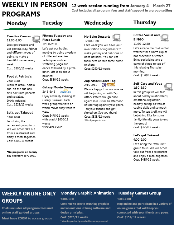 AlternativesCPS's tweet image. The January 2021 DROP flyer is here!!!!

Make sure to get signed up as soon as you can since the deadline is DECEMBER 14th and groups are sure to fill up fast! 
Please email jessicad@alternativesptbo.ca
or call 705- 742-0806 ext. 247 to sign up