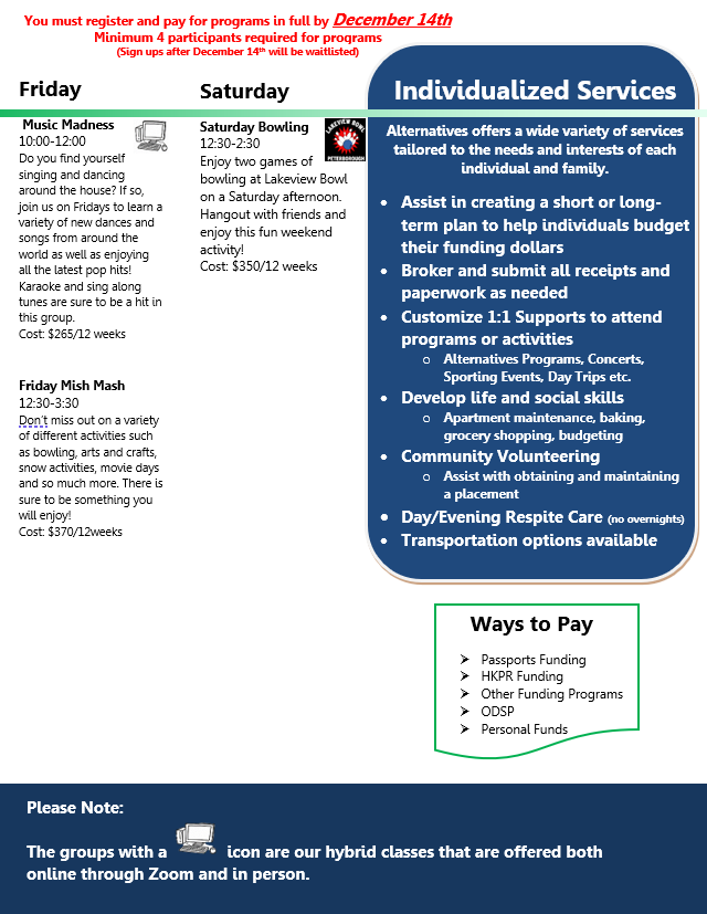 AlternativesCPS's tweet image. The January 2021 DROP flyer is here!!!!

Make sure to get signed up as soon as you can since the deadline is DECEMBER 14th and groups are sure to fill up fast! 
Please email jessicad@alternativesptbo.ca
or call 705- 742-0806 ext. 247 to sign up