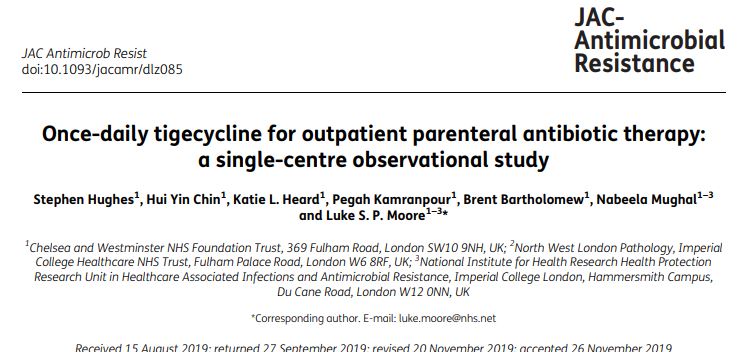 We repurposed tigecycline as a once daily Rx for OPAT. This ultra-broad agent (VRE, MRSA, ESBL, CRO) may not be suitable for all pts but has a valuable niche role in management of complex (stable) MDRO infections. Here we present our data on pt outcomes  https://bit.ly/2IPmCUc&nbsp;