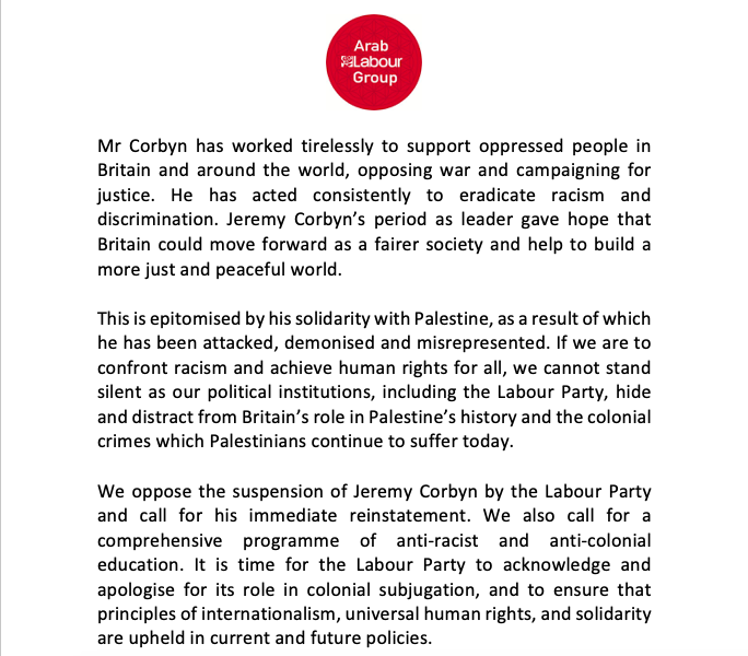 ArabLabour's tweet photo. Arab Labour Group statement on Corbyn's suspension 
#Labour  #Corbyn https://t.co/lNSFF0Vp1G