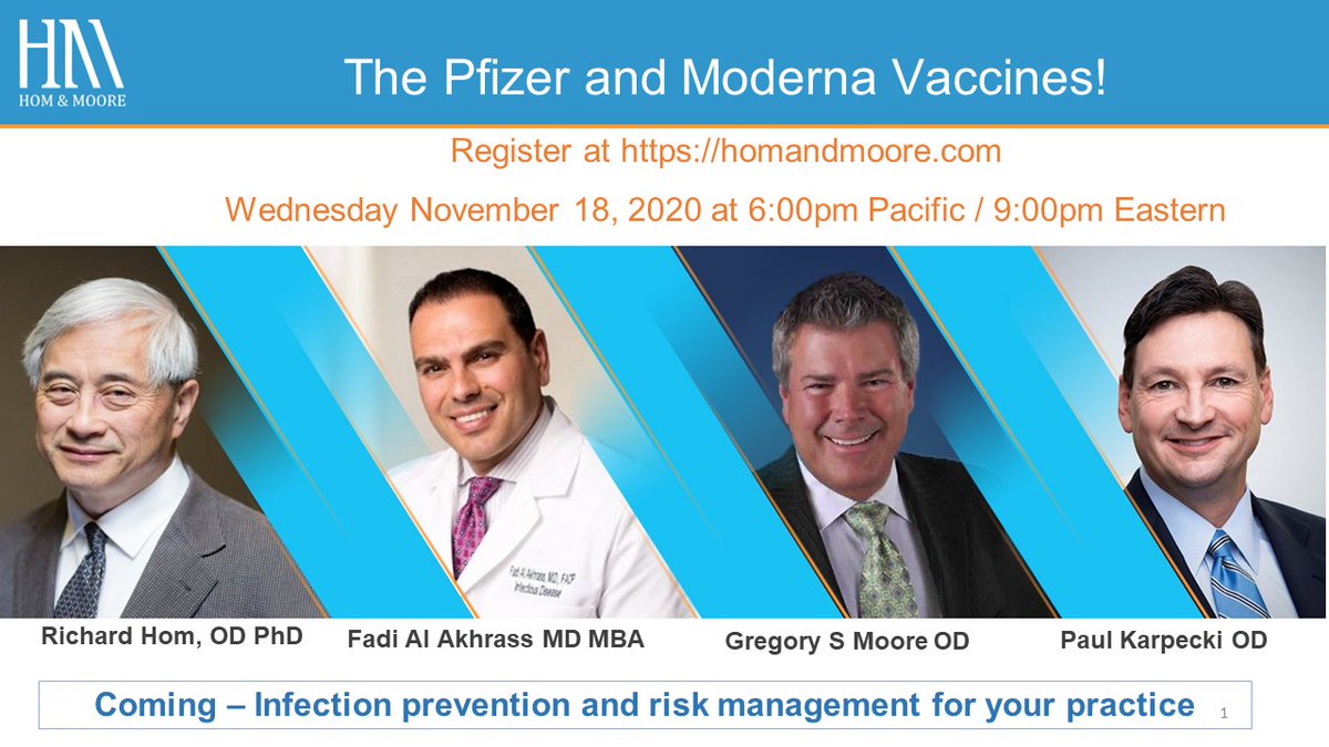 Hom_and_Moore's tweet photo. A "can't miss" webinar on #COVID19 to start Wed, 9pm Eastern. Register at https://t.co/JMLaN6wg6f 
Listen to an update on the Pfizer/Moderna vaccines.  What about the cornea? (Miner 2020 , https://t.co/fcXxA8Vdyj)  #optometry #ophthalmology #primarycare #medicine  #dentistry https://t.co/i6CWnAxDWX