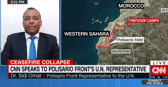 SidiOmarNY's tweet photo. Speaking today to Becky Anderson, Connect the World on #CNN International, I said that now it is difficult to speak about any peaceful negotiations because #Morocco has already launched a military attack on our land and on our people to which we have had to respond. 
@CNNConnect https://t.co/uGkqctsX7a