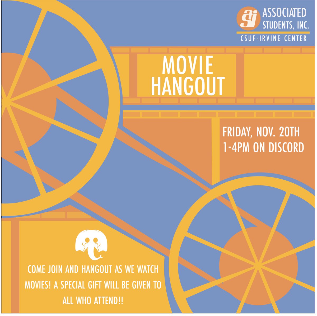 Come by for our movie night november 20th at 1-4pm to hang out as we watch movies and cartoons! We will be putting up a poll for what movies to watch shortly, and all who attend will receive a special gift! Open to csuf students only.