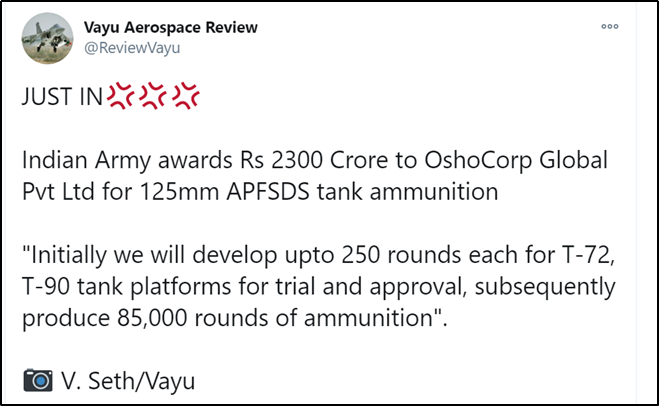 MOD working with private sector to develop indigenous or at least Make-in-India solution to the perennial problem of 125mm APFSDS ammunition. Need to get away from Russian import. It is required for T-90 and T-72 tanks. Read both the attached posts.
