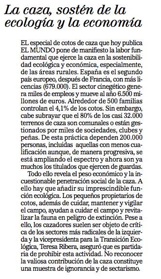 pacoleonCZ's tweet photo. Este editorial se publicó ayer en el mismo periódico que saco el artículo de marras sobre los propietarios de grandes fincas de caza en España. Más que correcto y sería de celebrar si no fuera por ese exhaustivo artículo tendencioso. Es de locos. https://t.co/Ekr6lHhHe5