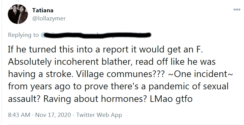 2/n  It all turns out,  @lollazymer has deep problems, one of which is telling the difference between "communal" and "commune". Use a dictionary for the hard words,  @lollazymer! (yes, this perp was talking about me).