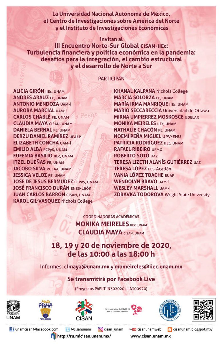 ceiich_unam's tweet photo. III Encuentro Norte-Sur Global CISAN-IIEc "Turbulencia financiera y política económica en la pandemia: desafíos para la integración, el cambio estructural y el desarrollo de Norte a Sur".
🗓️ 18-20 de noviembre.
Transmisión: FacebookLive #IIEcUNAM.
Invitan: @cisanunam, @IIEc_UNAM. https://t.co/exJMtPLAt9
