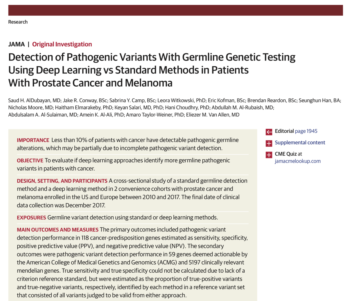 Very excited to see our work on deep learning germline variant characterization out today in  @JAMA_currentHere is a quick thread on the major findings and takeaways from this study.  #CancerResearch  #ProstateCancer  #Melanoma 1/n https://jamanetwork.com/journals/jama/fullarticle/10.1001/jama.2020.20457?guestAccessKey=39889aad-2894-4380-b869-5704ed2f9f6b&utm_source=twitter&utm_medium=social_jama&utm_term=4168566540&utm_campaign=article_alert&linkId=104709446