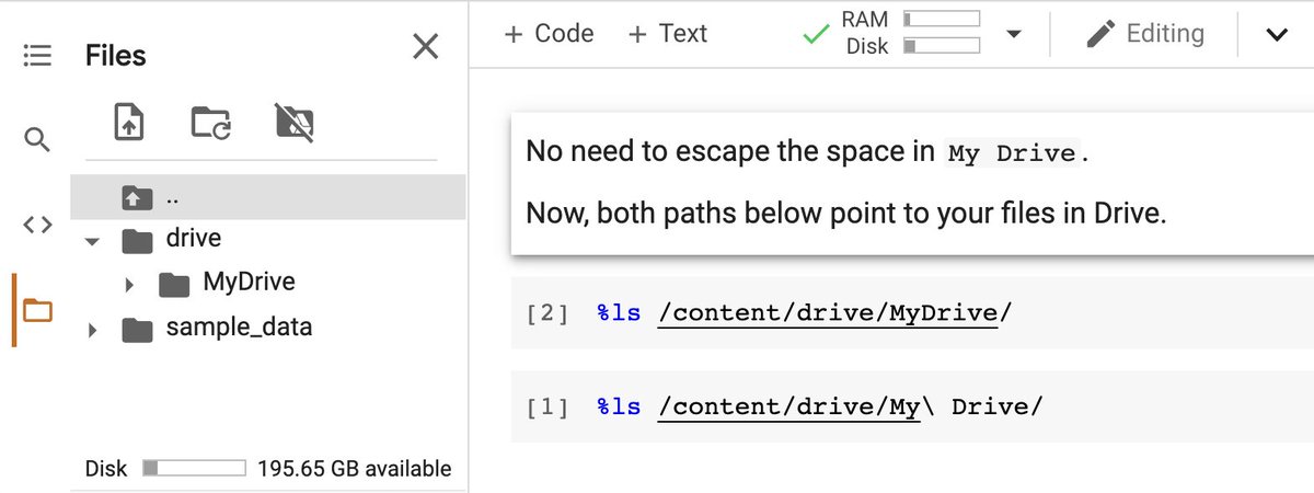 Screenshot of the colab UI showing the new MyDrive folder omitting the now-optional space character.