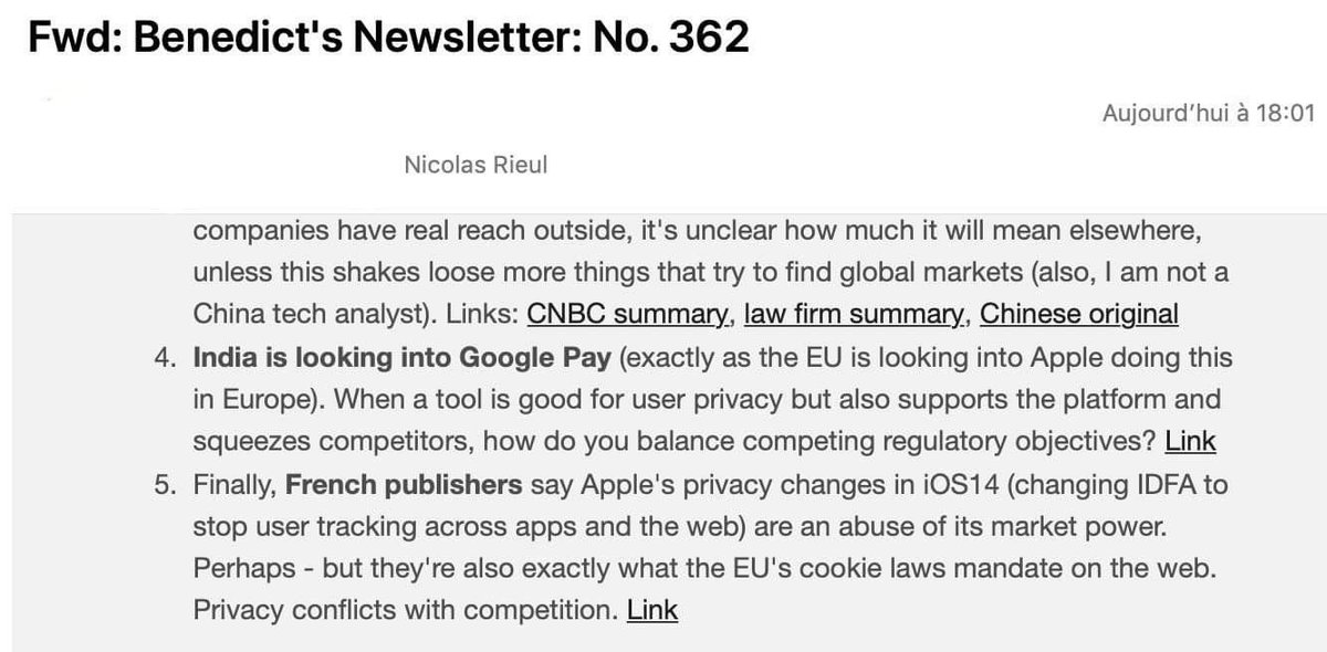 nicolasrieul's tweet photo. Thanks @benedictevans sharing our antitrust actions in your Newsletter ! Quick correction : EU cookie laws require an « informed » consent, and the Apple IDFA pop-up is failing on this part unfortunately. Publishers will need a second GDPR compliant pop-up... https://t.co/rI3Bn5qV4q
