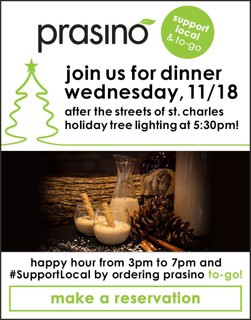 Come out for dinner tomorrow night after the holiday tree lighting at the Streets of St. Charles. Or order online with prasino to-go! bit.ly/36FcUfc
#SupportLocal #Prasino #PrasinoToGo #HolidayTreeLighting