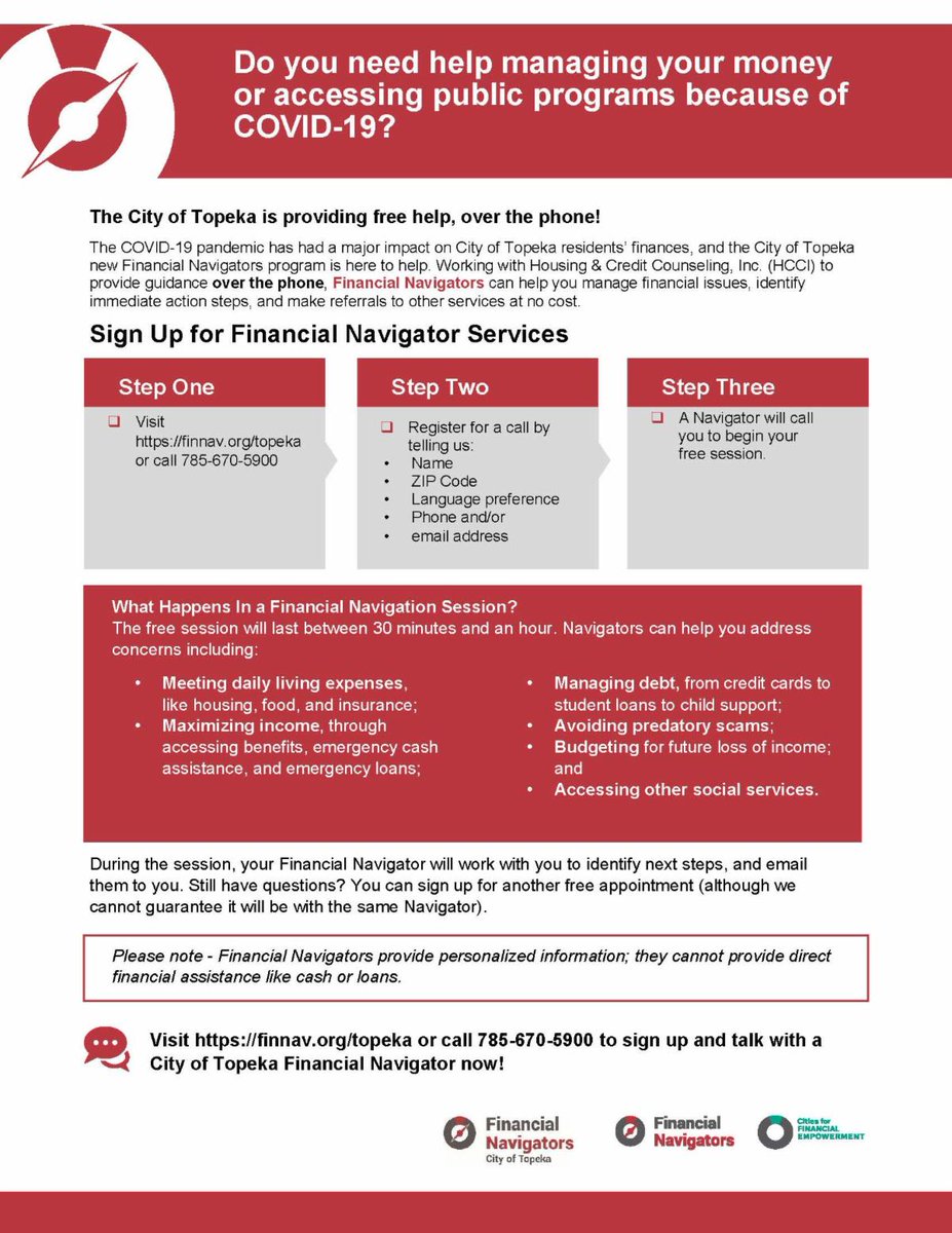 HCCI_Kansas's tweet photo. Do you need help managing your money or accessing public programs because of COVID-19?

Topeka Financial Navigators can help you manage financial issues, identify immediate action steps, and make referrals to other services at no cost.  

https://t.co/CiP5hZ1pYN https://t.co/WcQ6Si4WwA