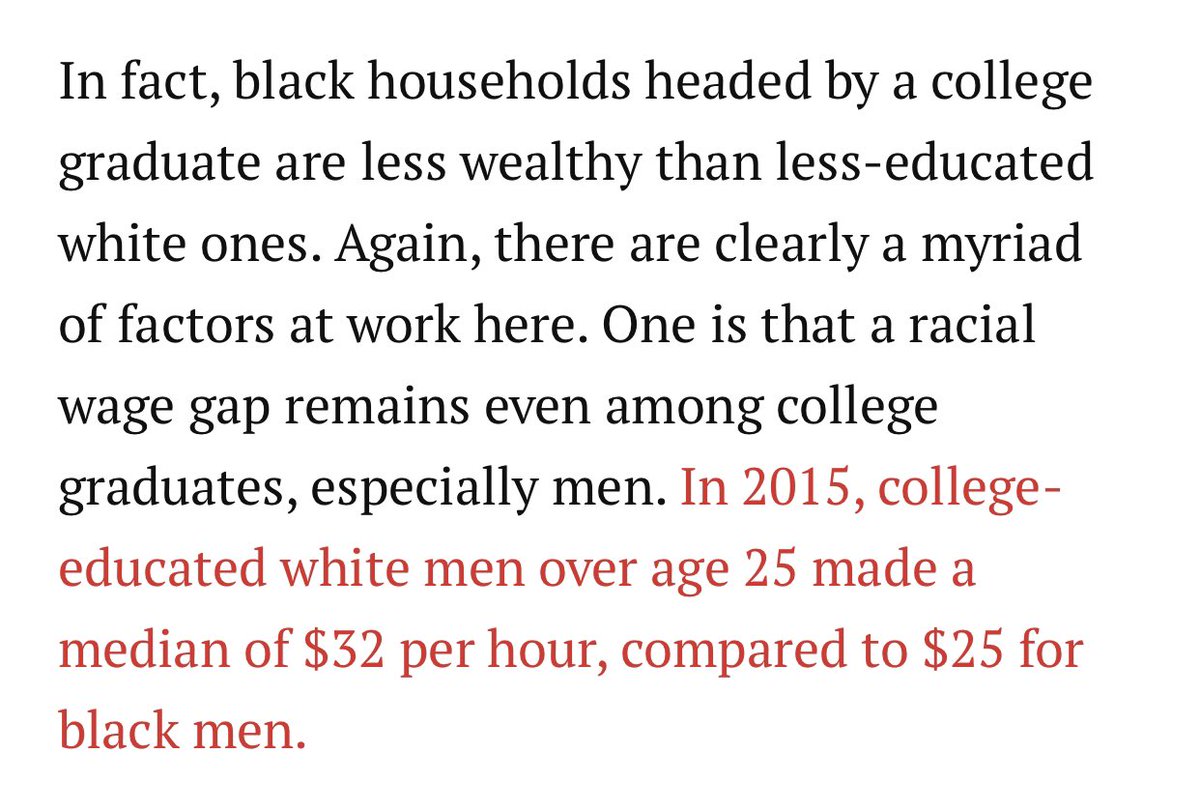 Class and race intersect, but race still trumps class.Due to higher debt, higher likelihood of default, and higher qualifications needed for the same jobs, and the wage gap:5. BLACK HOUSEHOLDS HEADED BY A COLLEGE GRAD ARE LESS WEALTHY THAN *LESS* EDUCATED WHITE HOUSEHOLDS