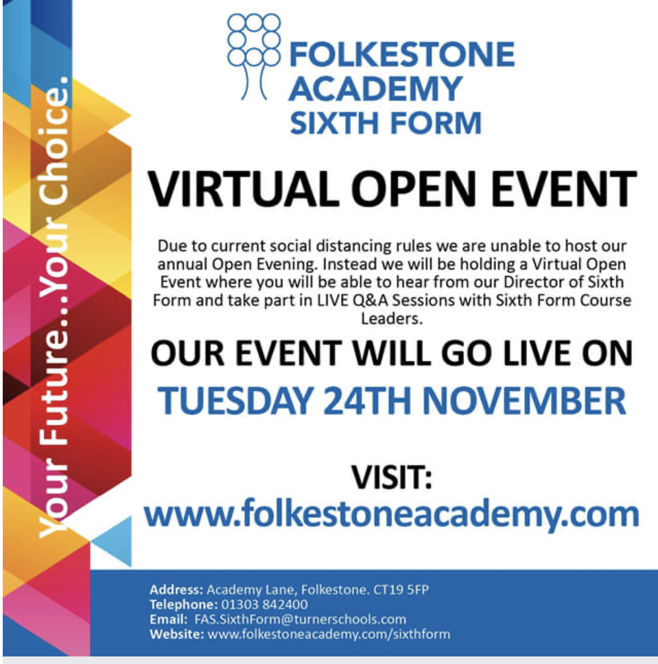 Come and join Folkestone Academy Sixth Virtual Open event on Tuesday 24th November. Visit: folkestoneacademy.com/academy/sixth-… #YourFutureYourChoice #FolkestoneAcademySixthForm