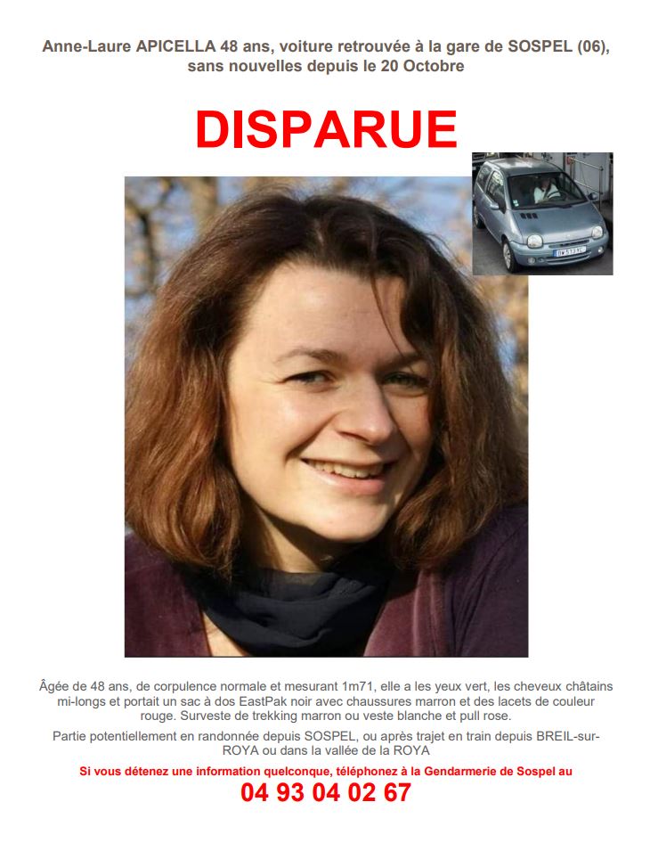 Toujours pas de traces d'Anne-Laure après 4 semaines...
  
#BreilSurRoya #Sospel #Alex06 #Roya #Saorge #TempeteAlex #mercantour #nice06 #AlpesMaritimes #menton06 #solidarite06 #Randonnée06 #Rando06 #cotedazurfrance #departement06 #gendarmerie06 #appelatemoins #disparition #Tende