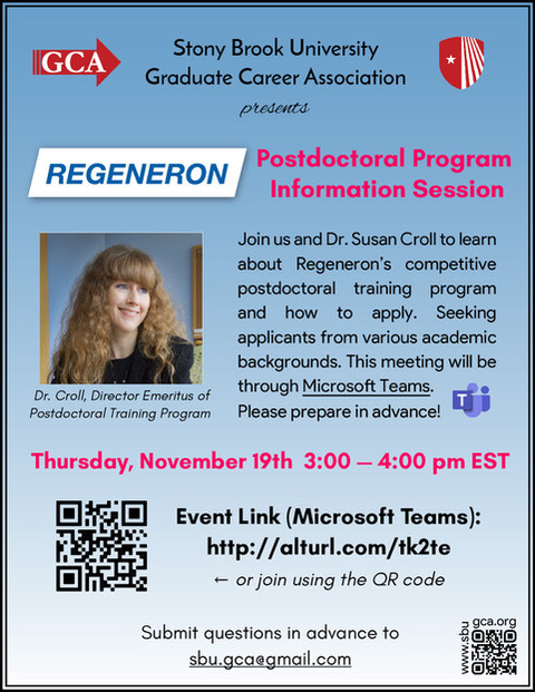 SBUGradProfDev's tweet image. SBU Grad Students! 
Curious about postdocs in industry? Unsure where your career path will ultimately lead? 
Join @SBU_GCA on Thurs., 11/19 @ 3-4pm to learn more about this competitive program and how to apply. 
Location: Microsoft Teams (alturl.com/tk2te to get the link)