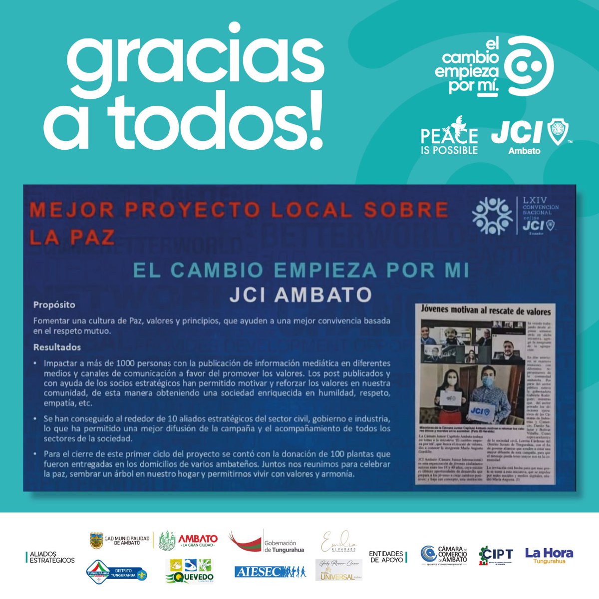JciAmbato's tweet photo. En el marco de la LXIV Convención Nacional de la JCI Ecuador, se realiza la premiación a los mejores proyectos y programas locales a nivel nacional. Este año fuimos elegidos para recibir el premio a Mejor Proyecto Sobre la Paz, con nuestra campaña "El Cambio Empieza por Mí" 🎉🎉 https://t.co/k69yGqhDl8