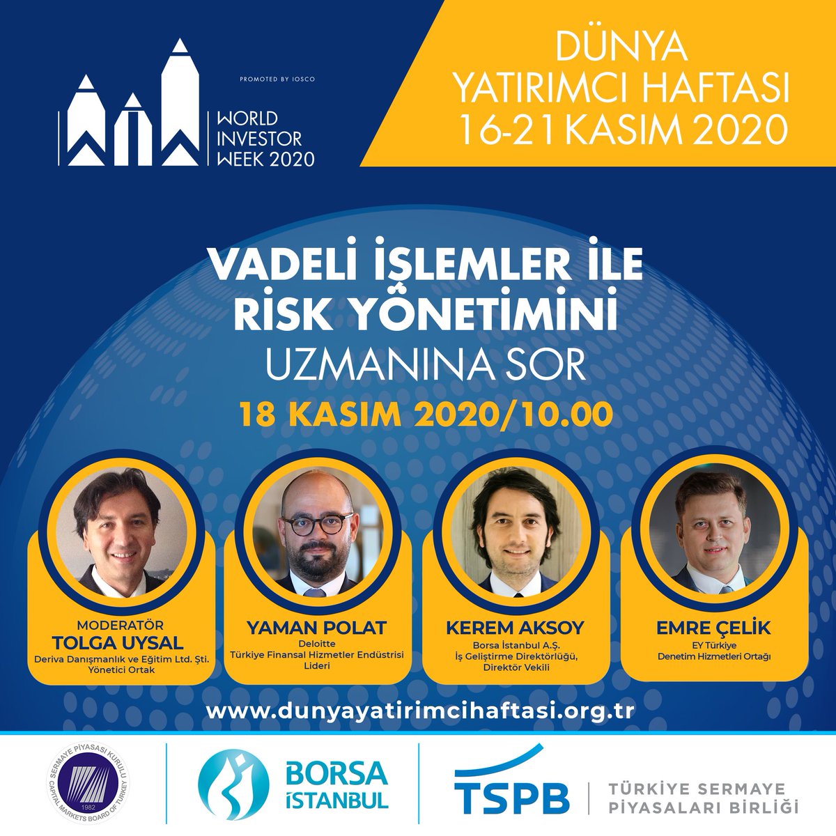 Yarın saat 10:00’da “Vadeli İşlemlerle Risk Yönetimi” paneline bekleriz. Şirketler finansal risklerini nasıl yönetebilir? Hangi enstrümanlar var? VİOP’u kullanabilir misiniz? Riskten korunma muhasebesi nedir? Kimler uygulayabilir? Nasıl bir fayda sağlanır?#Dünyayatırımcıhaftası