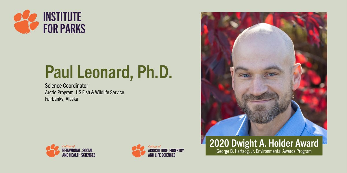 ClemsonParks's tweet photo. Paul Leonard Ph.D., Science Coordinator for @USFWSAlaska, is this year's Dwight A. Holder Award recipient through the George B. Hartzog, Jr. Environmental Awards program. 

Read about his award, presented by @ClemsonCAFLS Dr. Baldwin: https://t.co/zfoBi5Acdt

#Hartzog2020 https://t.co/bDTjFq7wqC