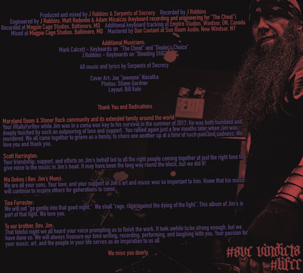 SerpentsSecrecy's tweet photo. We have a special surprise coming tomorrow. But in the meantime, we wanted to post the Thank You and Dedications panel from the CD. Your support over the years meant so much to Jim and to all of us. Thank you. 
#AVEVINDICTA #RevJim #SerpentsofSecrecy #MDDoom https://t.co/IMmrtG0q2F