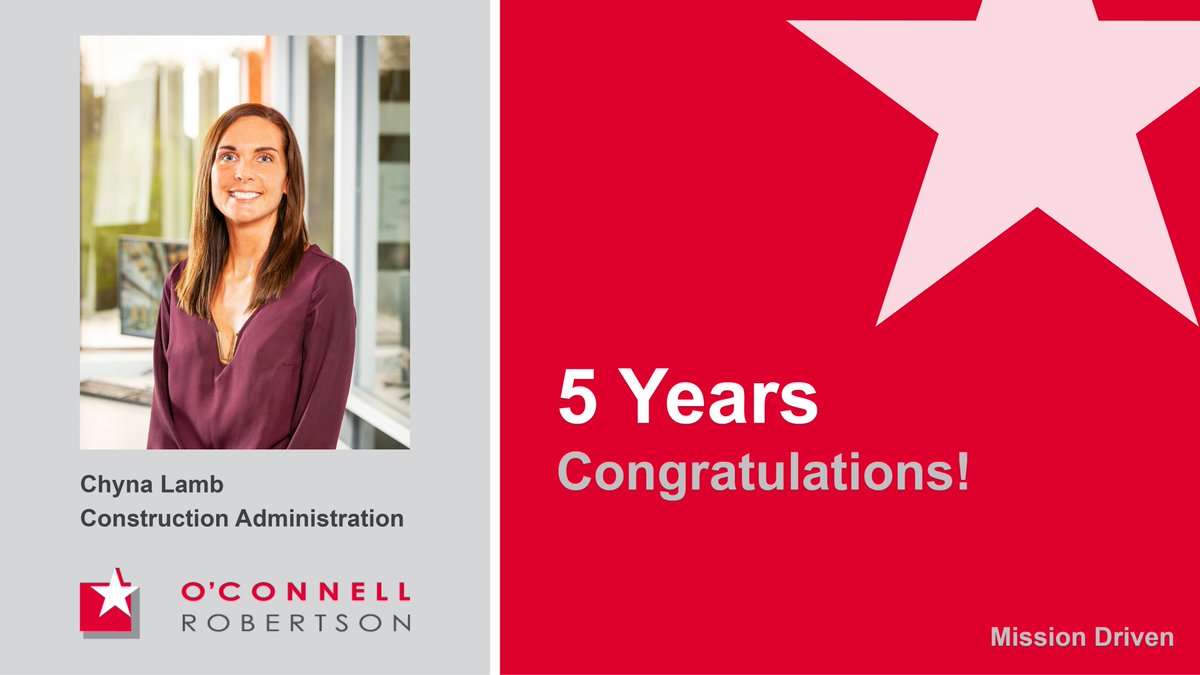Congratulations to Chyna Lamb on her 5 Year Work Anniversary! Chyna’s favorite part about working at O’Connell Robertson is the support she receives and the team’s openness to collaborate and share knowledge.  #workanniversary #missiondriven