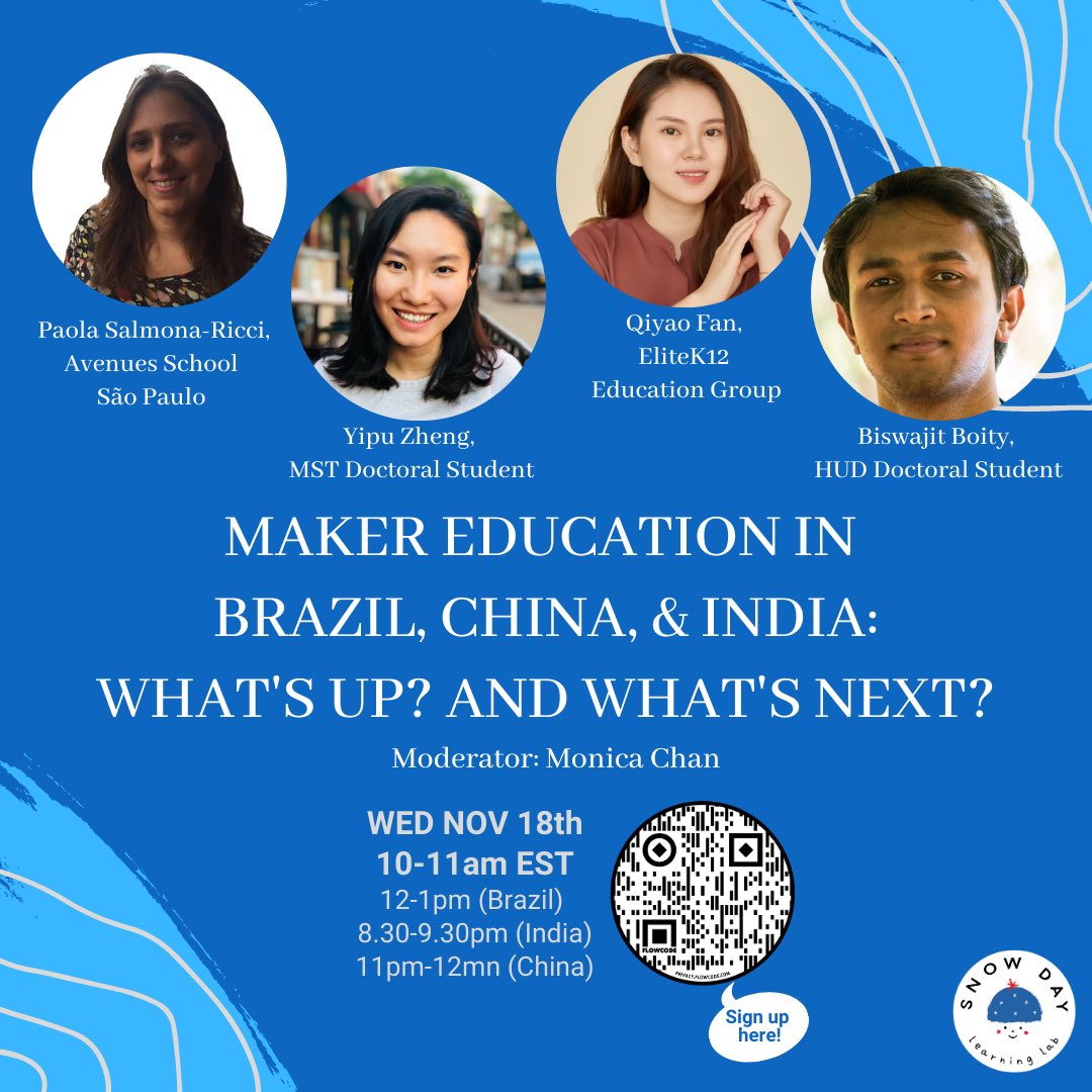 I’m moderating a panel on maker education in international contexts tomorrow, as part of <a href="/TeachersCollege/">Teachers College, Columbia University</a> International Education Week! Join me for this conversation with current students and alumni of <a href="/snowdaylearning/">Snow Day Learning</a> - there will be a live Q&amp;A too 😊 <a href="/TC_CMLTD/">CMLTDTeachersCollege</a> <a href="/TC_MST/">Teachers College-MST</a>