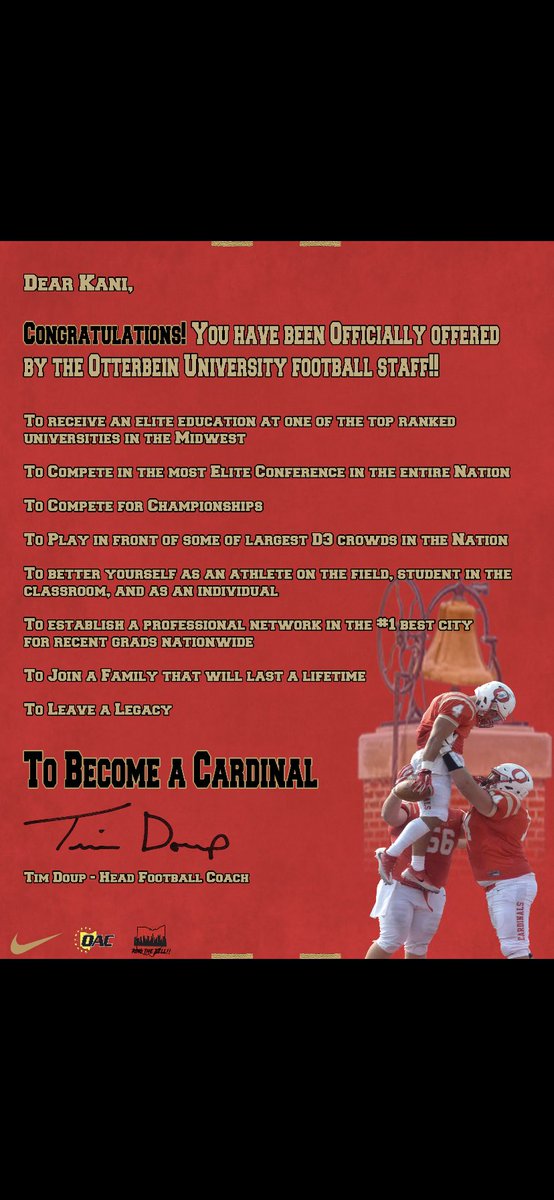 HawkinsKani's tweet photo. After a great talk on the phone with ⁦@CoachCorry7⁩ I’m thankful to have received an offer from Otterbein ❤️🤍 https://t.co/kw6iYCaoaC