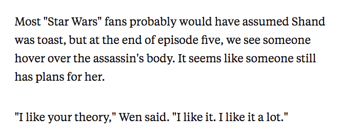 I continued, telling her I would have let it go, but we saw someone approach her body at the end of Chapter 5. I said it seems like someone has plans for her. Wen said she liked my theory "A LOT."