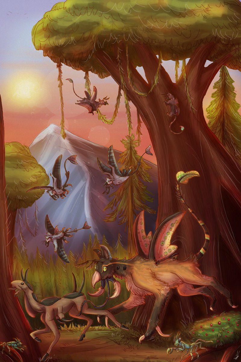corax_lara's tweet photo. One of the many pictures ive made for #Wallaceii a spec evo project started by @BenGThomas42
  about an alien world :3

This picture was made for a community challenge, its a small picture showing many forest dwelling organisms

#specevo #creature #aliencreature #alien #animal https://t.co/a1DW1dSHgi