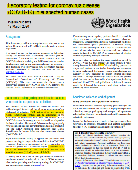 1/  @WHO published current COVID testing guidance on March 19. https://apps.who.int/iris/bitstream/handle/10665/331501/WHO-COVID-19-laboratory-2020.5-eng.pdf?sequence=1&isAllowed=yOnly two sources in WHO's guidance discuss PCR Cycle Thresholds, both are from China and use CT from 37 to 40.37 to 40 is now standard driving the case-demic, per NYT: https://nytimes.com/2020/08/29/health/coronavirus-testing.html
