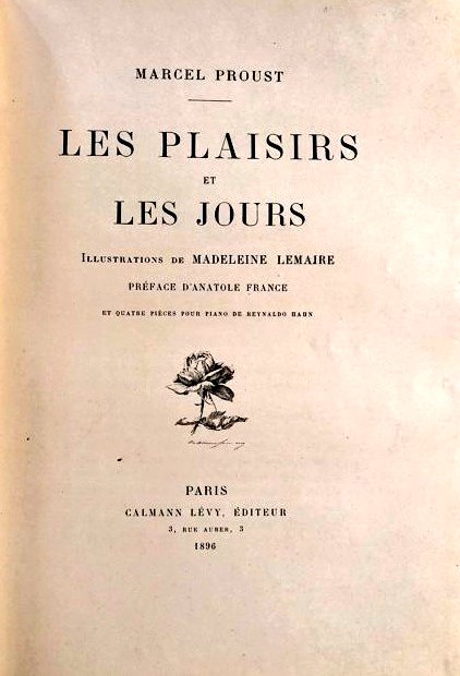En 1896 publicó _Les plaisirs et les jours_, colección de relatos y ensayos que prologó Anatole France.Entre 1896-1904 trabajó en la autobiografía _Jean Santeuil_, en la que se proponía relatar su itinerario espiritual, y en las traducciones al francés de _Le Bible d'Amiens_