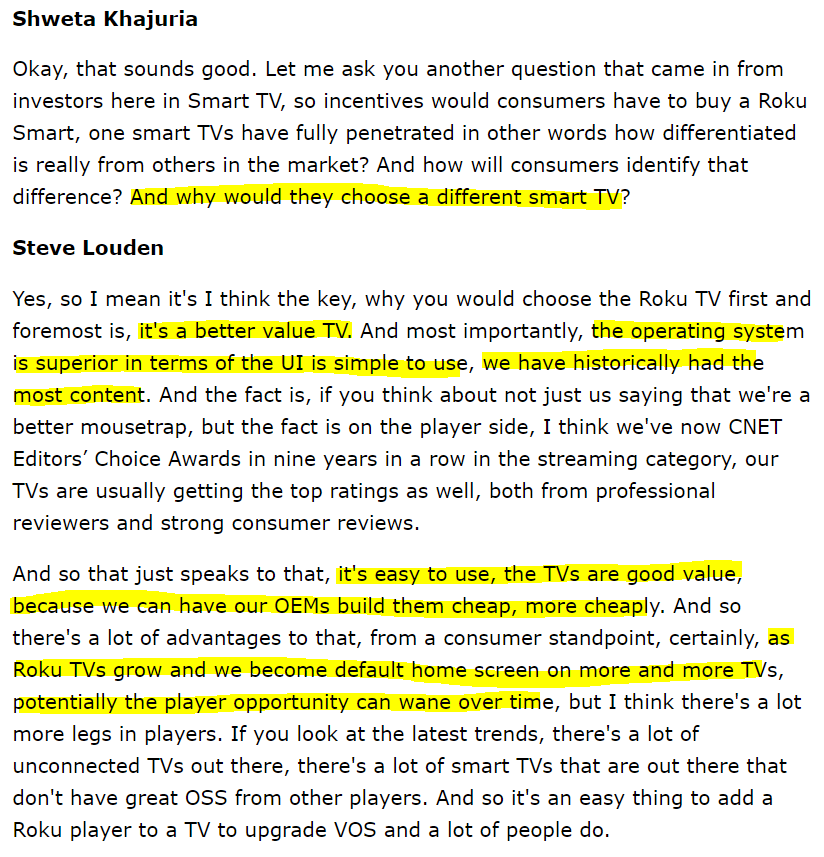 Why choose a Roku TV?-superior UI/experience-historically more content-cheaper for OEMs to build with Roku operating system