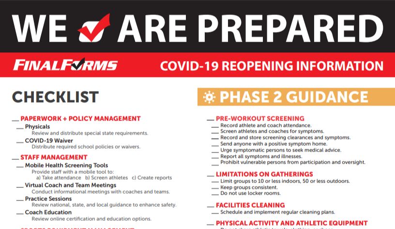 FinalForms's tweet image. We created our "COVID-19 Reopening Checklist" to help Athletic Directors with reopening this fall. 

While current circumstance is much more gloomy with many states slipping backwards, this free resource is still just as helpful: hubs.ly/H0B59400